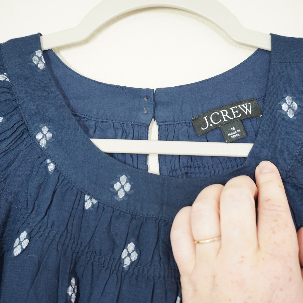 J. Crew Size Medium Navy Blue Block Print Puff Sleeve Cotton Voile Top Cotton - Picture 3 of 7